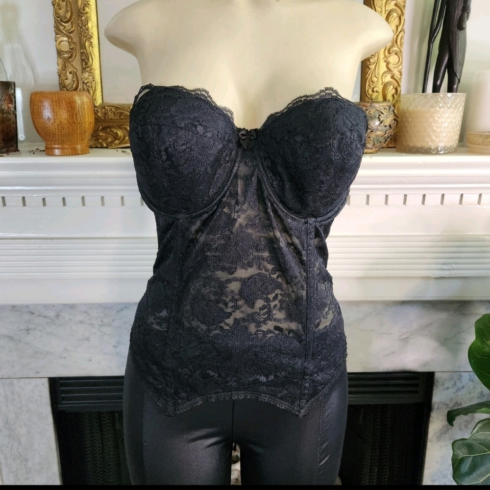 Vintage 90s Goddess Black Lace Bustier Hook Eye Boned Sheer Size 38C - Picture 3 of 8